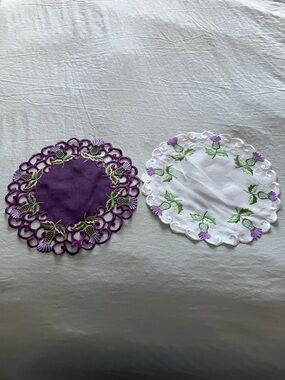 Embroidered Round Floral Doilies - Purple & White